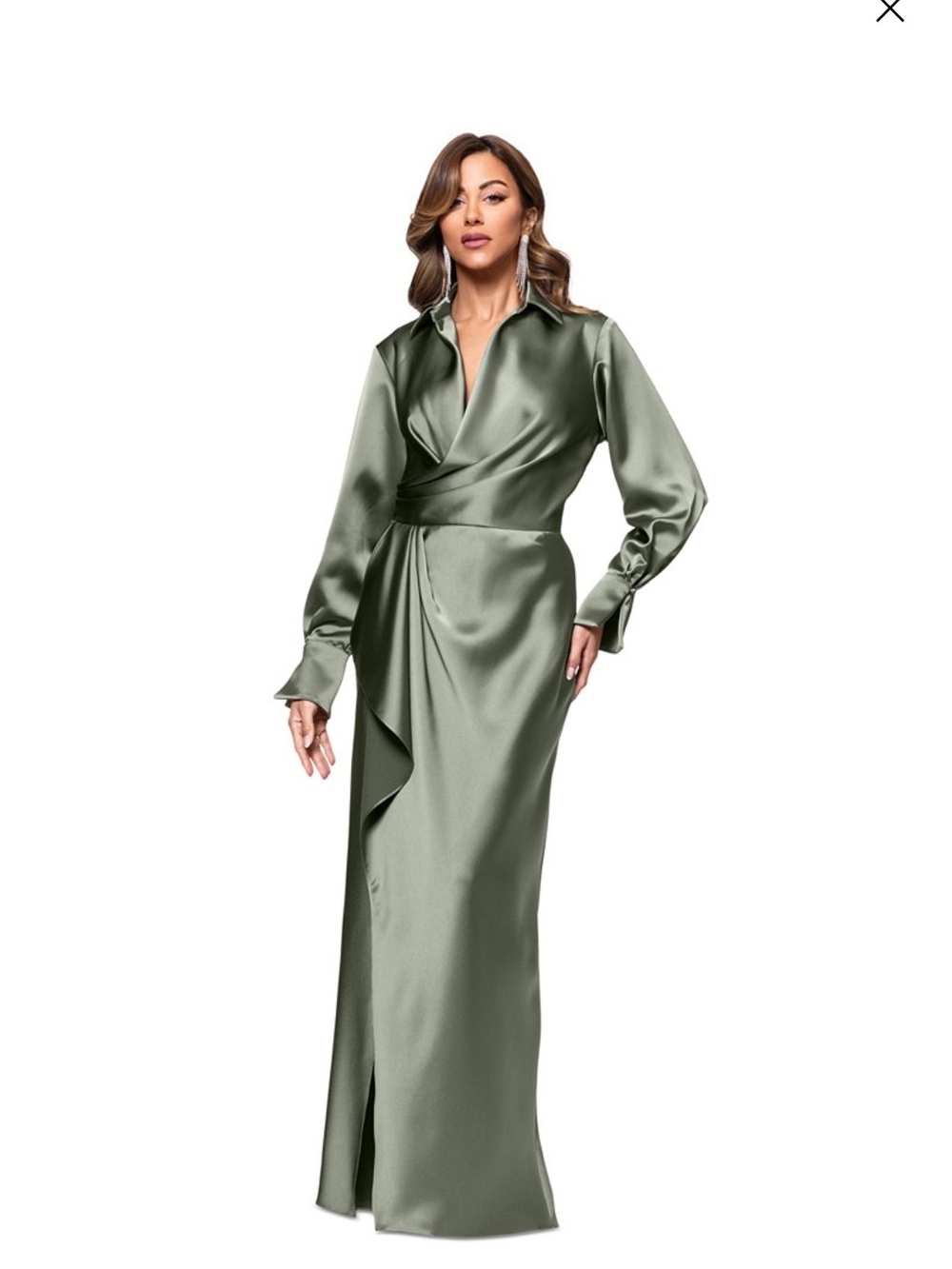 Xscape Olive Satin Wrap Maxi Dress with Long Sleeves Size 14 (Damage)